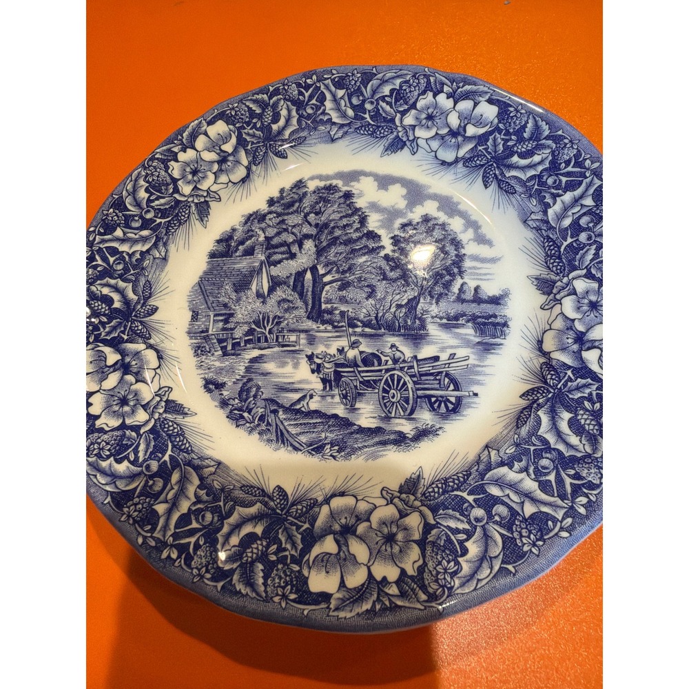 Ceramica Quadrifoglio Italy Blue White Transferware Pastoral Scene Plate 8in